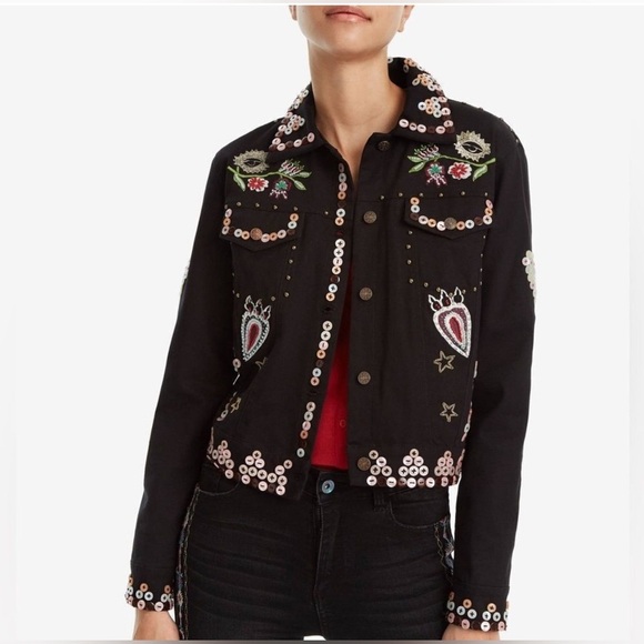 Desigual Jackets & Blazers - Desigual Ferrara Black Embellished Studded Embroidered Jacket Size 36, US Size 4